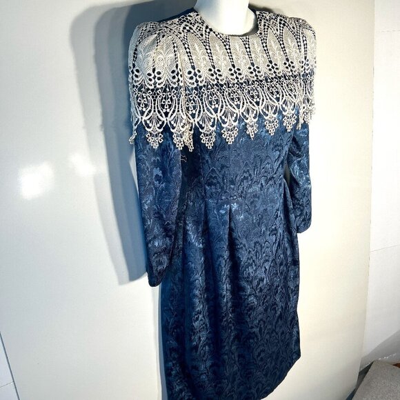 Vintage In The Mood SZ 8 Teal Satin Brocade Crochet Cape Collar Midi Dress 80's - Picture 4 of 9